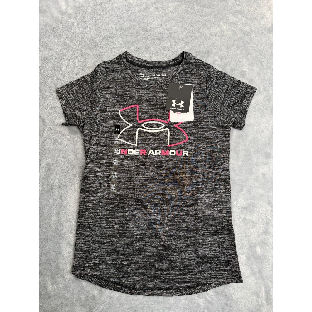 NWT Under Armour Tech Twist T-Shirt Girls YXS Heather Gray Big Logo Loose Fit